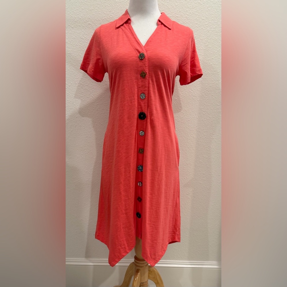 Soft Surroundings Danielle Button Dress XS Coral Collared Asymmetrical Hem Boho